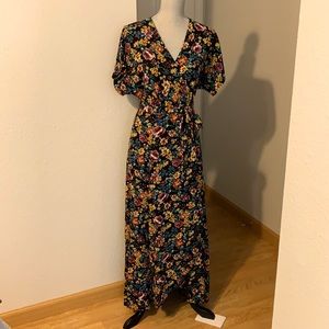Black and Floral Print Maxi Wrap Dress